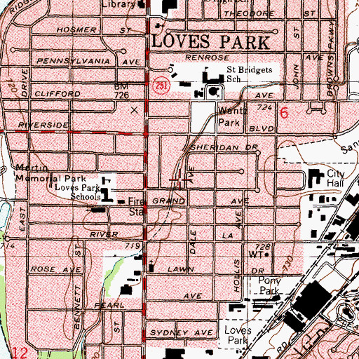 Topographic Map of Loves Park Police Department, IL