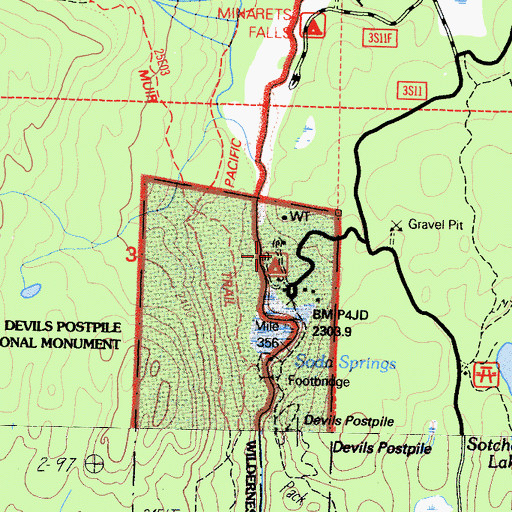 Topographic Map of Devils Postpile Recreation Site, CA