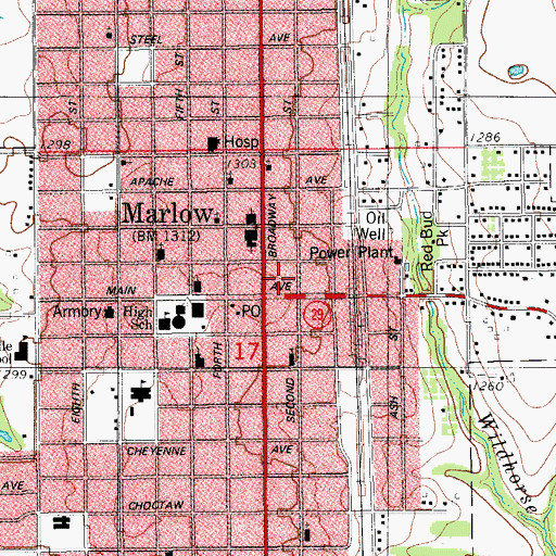 Topographic Map of Marlow City Police Department, OK