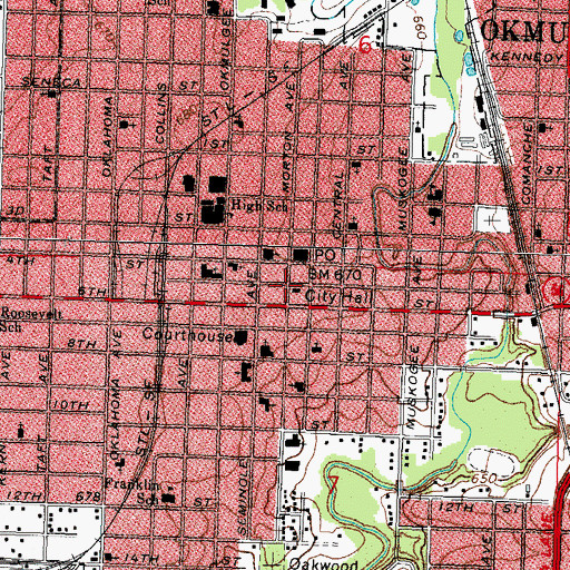 Topographic Map of Okmulgee Police Department, OK