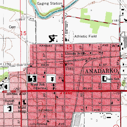 Topographic Map of Anadarko Police Department, OK