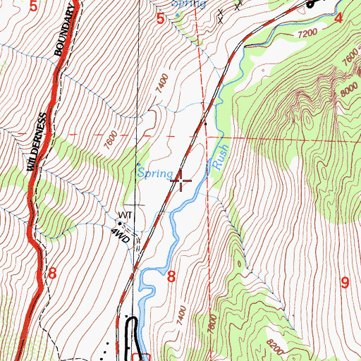 Topographic Map of Rush Creek Recreation Site, CA