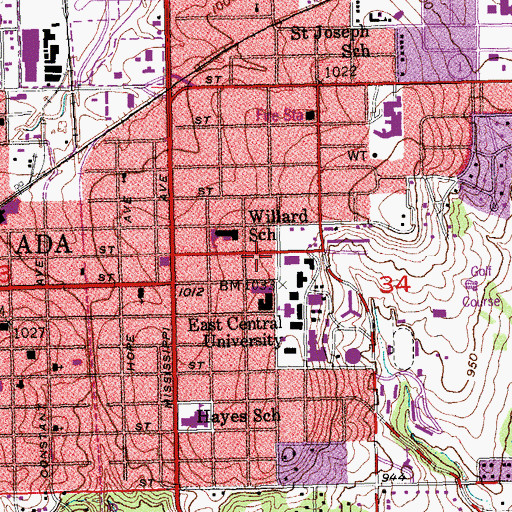 Topographic Map of East Central University Police, OK