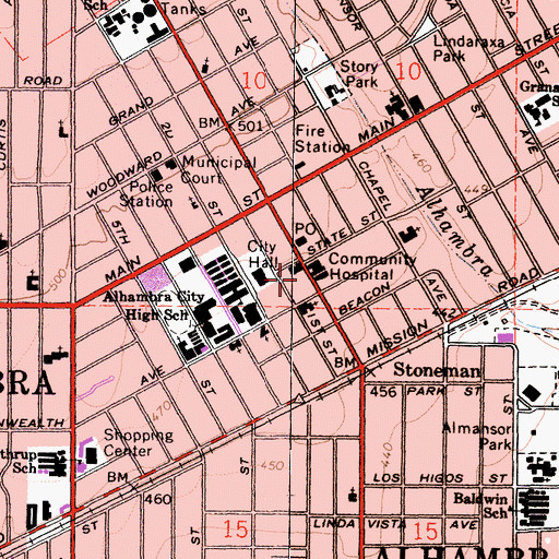 Topographic Map of Alhambra Post Office, CA