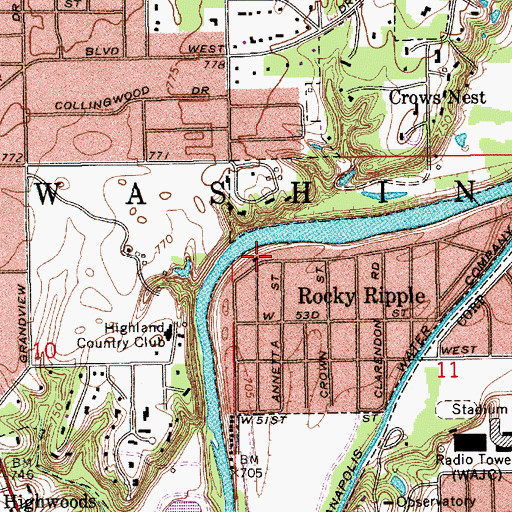 Topographic Map of Rocky Ripple Town Police, IN