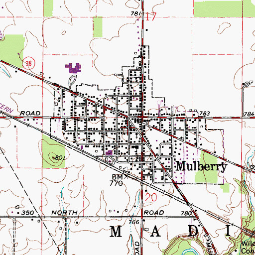 Topographic Map of Mulberry Town Marshal, IN