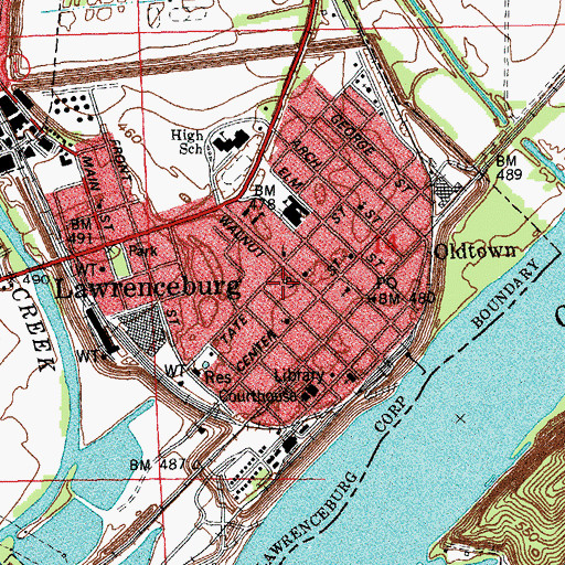 Topographic Map of Lawrenceburg Police Department, IN