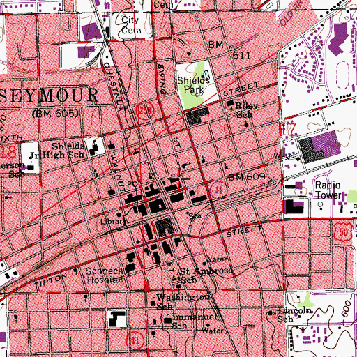 Topographic Map of Seymour Police Department, IN