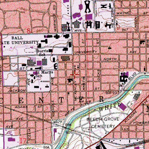 Topographic Map of Ball State University Police Department, IN