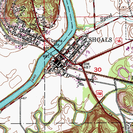 Topographic Map of Shoals Town Marshal, IN