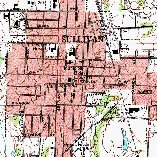 Topographic Map of Sullivan Police Department, IN