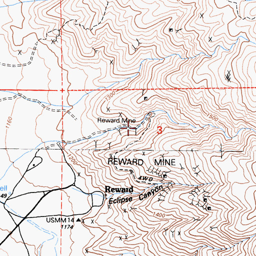 Topographic Map of Reward Mine, CA