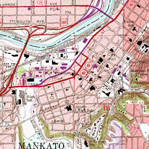 Topographic Map of Mankato Police Department, MN