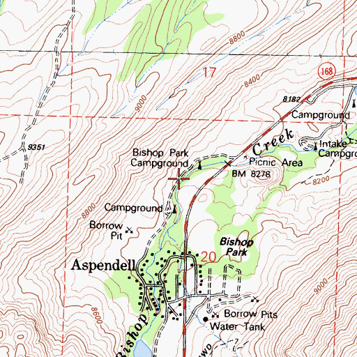 Topographic Map of Bishop Park Campground, CA