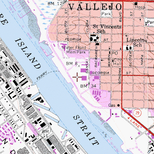 Topographic Map of Vallejo Post Office, CA