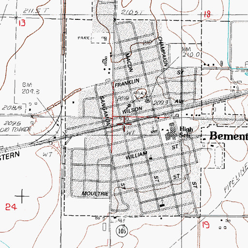 Topographic Map of Bement Police Department, IL