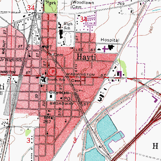 Topographic Map of Hayti Post Office, MO