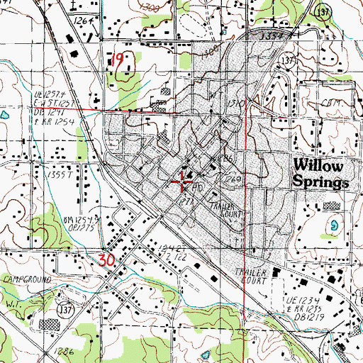Topographic Map of Willow Springs Post Office, MO