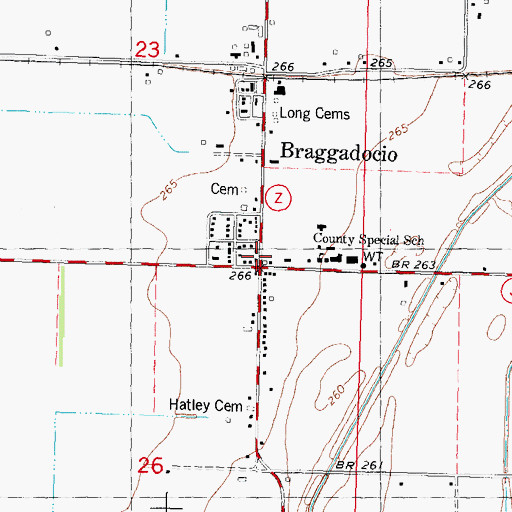 Topographic Map of Braggadocio Post Office, MO