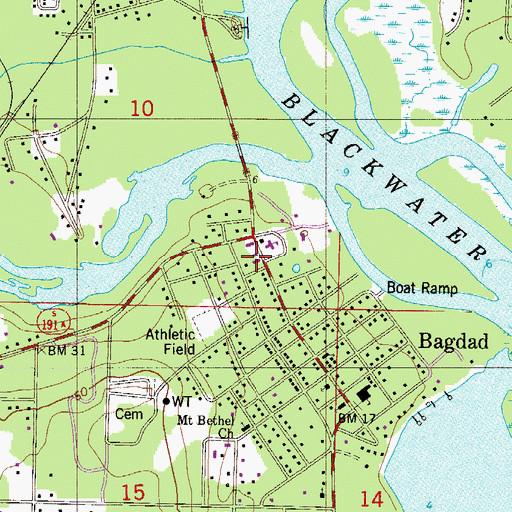 Topographic Map of Bagdad Post Office, FL