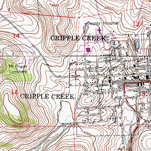 Topographic Map of Cripple Creek Post Office, CO