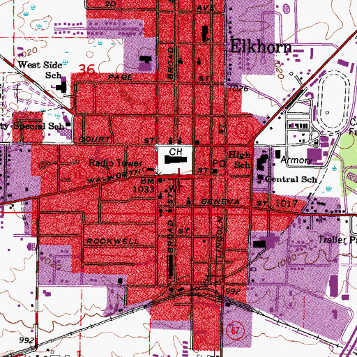 Topographic Map of Elkhorn Police Department, WI