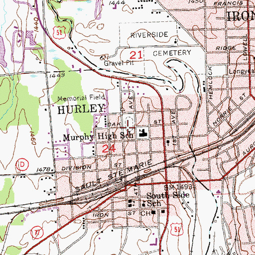 Topographic Map of Hurley Police Department, WI