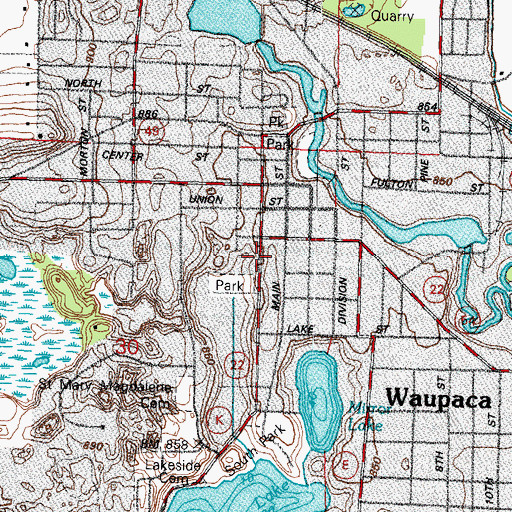 Topographic Map of Waupaca Police Department, WI