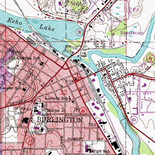 Topographic Map of Burlington Police Department, WI