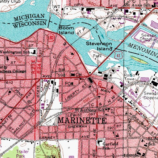 Topographic Map of Marinette Police Department, WI