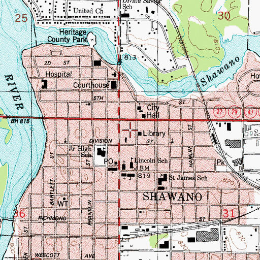 Topographic Map of Shawano Police Department, WI