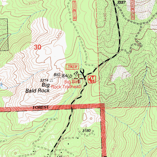 Topographic Map of Big Bald Rock Trailhead, CA