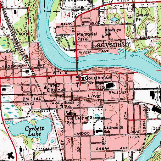 Topographic Map of Ladysmith Police Department, WI