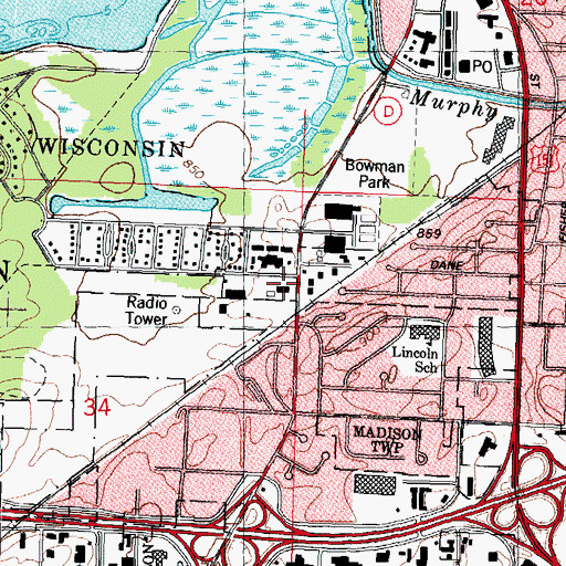 Topographic Map of Madison Town Police Department, WI