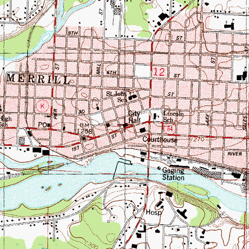 Topographic Map of Merrill Police Department, WI