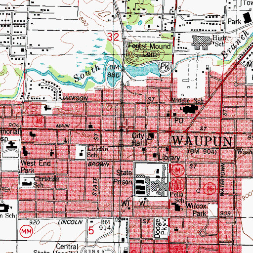 Topographic Map of Waupun Police Department, WI