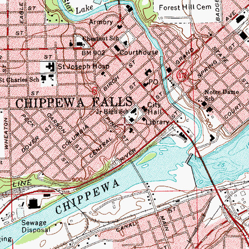 Topographic Map of Chippewa Falls Police Department, WI