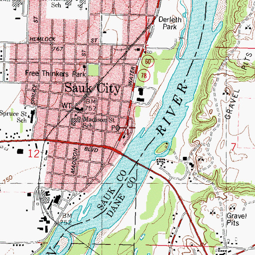 Topographic Map of Sauk Prairie Police Department, WI