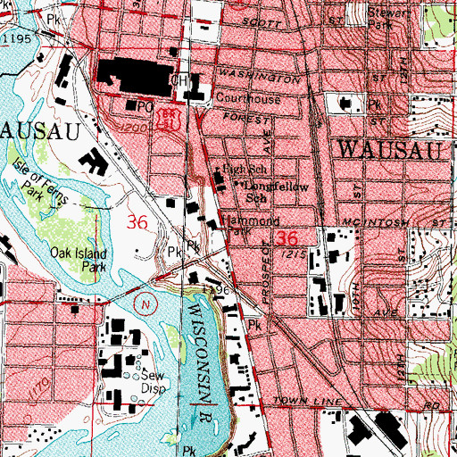 Topographic Map of Wausau Police Department, WI