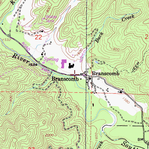 Topographic Map of Branscomb Post Office, CA