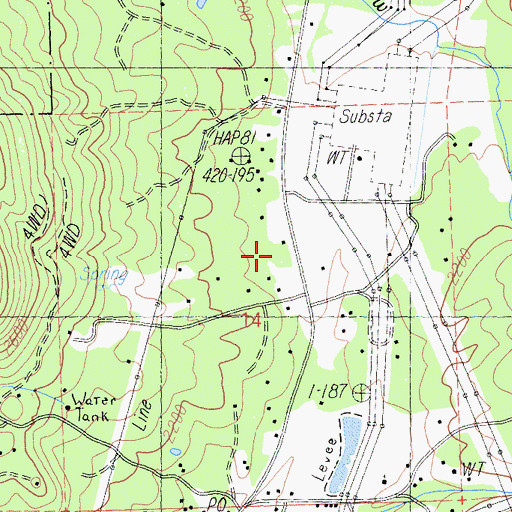 Topographic Map of Round Mountain Post Office, CA