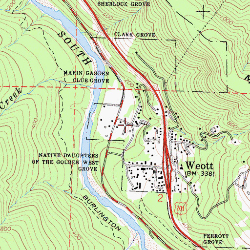Topographic Map of Weott Post Office, CA
