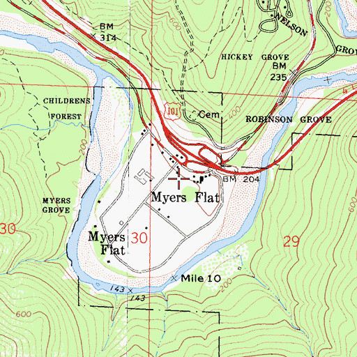 Topographic Map of Myers Flat Post Office, CA