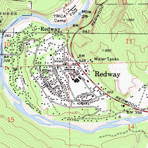 Topographic Map of Redway Post Office, CA