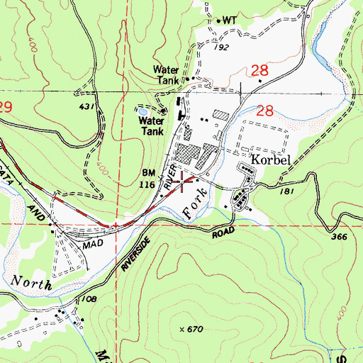 Topographic Map of Korbel Post Office, CA