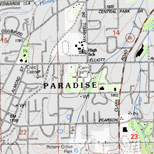 Topographic Map of Paradise Cemetery, CA