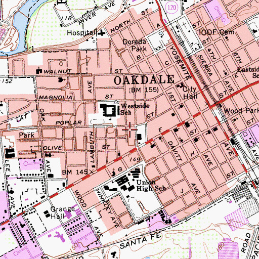 Topographic Map of Oakdale Post Office, CA