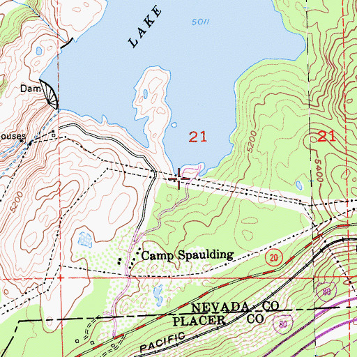 Topographic Map of Lake Spaulding Campground, CA