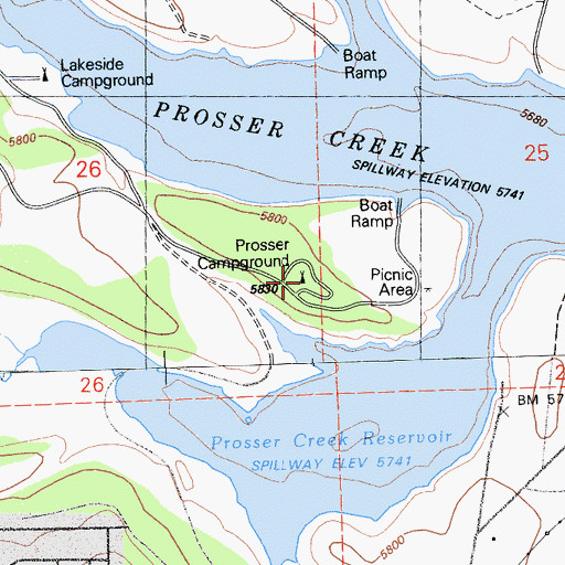 Topographic Map of Prosser Campground, CA