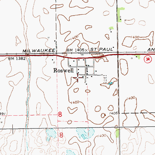 Topographic Map of Roswell Census Designated Place, SD